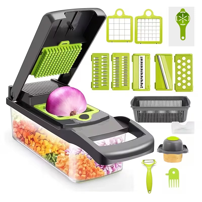 Multifunctional Vegetable Chopper with Container & Drain Basket | Onion, Garlic & Carrot Cutter
