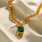 Vintage Green Square-Cut Pendant Necklace – Elegant Crystal Necklace for Women
